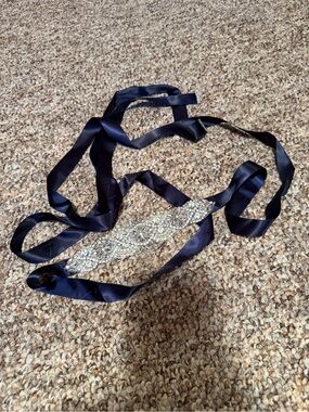 Crystal Embellished Navy Ribbon Waist Belt